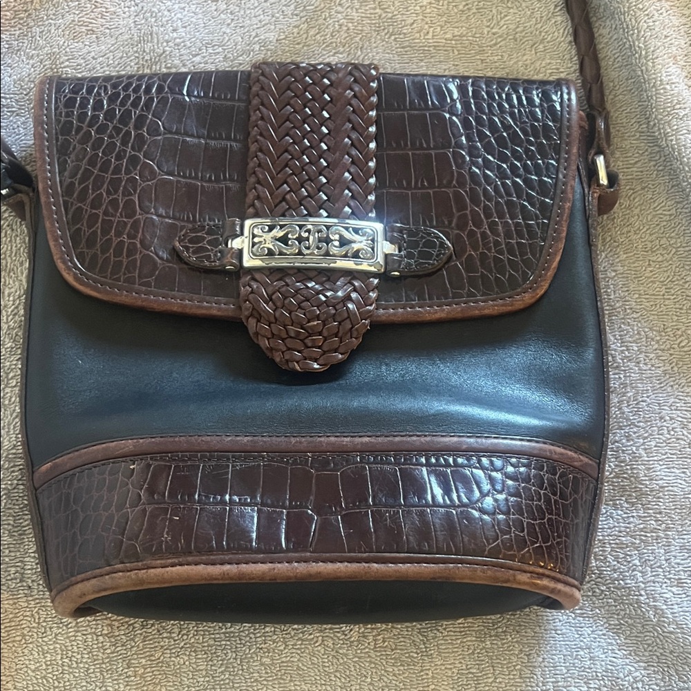Vintage Brighton Black/Brown Croc Trim Small Bucket Crossbody Shoulder Bag~